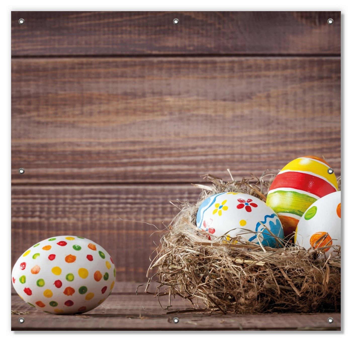 Sonnenschutz Bunte bemalte Eier an Ostern im Vorgelnest vor hölzerner Wand, Wallario, blickdicht, mit Saugnäpfen, wiederablösbar und wiederverwendbar von Wallario