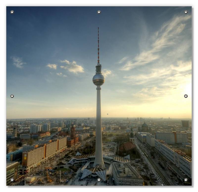 Sonnenschutz Fernsehturm Berlin mit Panoramablick über die Stadt, Wallario, blickdicht, mit Saugnäpfen, wiederablösbar und wiederverwendbar von Wallario