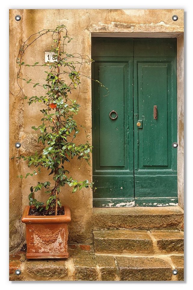 Sonnenschutz Grüne alte Holz-Tür in Toskana mit alter Steinwand und Steintreppe, Wallario, blickdicht, mit Saugnäpfen, wiederablösbar und wiederverwendbar von Wallario