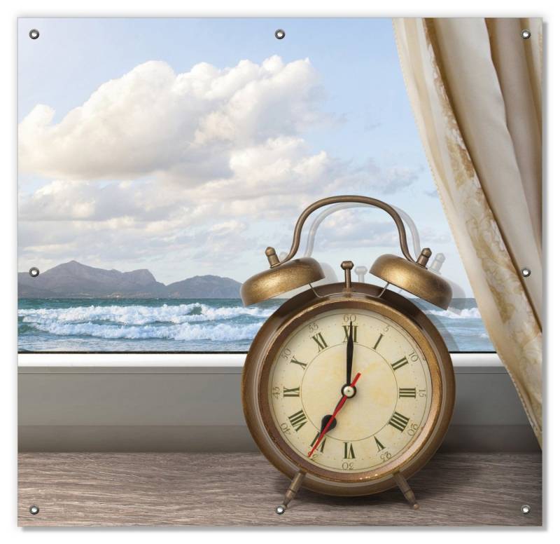 Wallario Sonnenschutz Guten Morgen sagt das Meer - Wecker und Vorhang am Fenster, blickdicht, mit Saugnäpfen, wiederablösbar und wiederverwendbar von Wallario