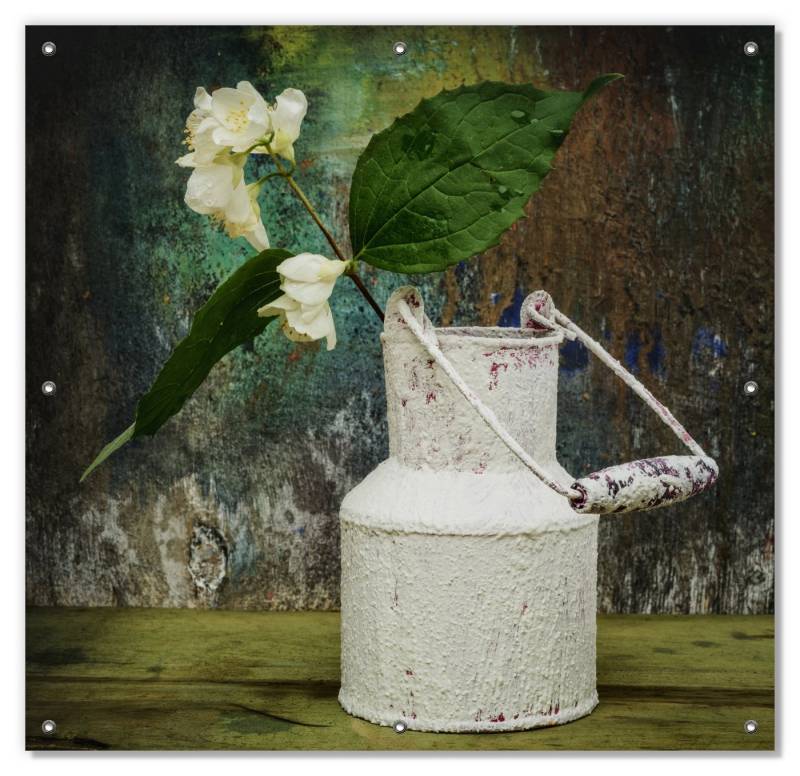 Sonnenschutz Jasmin Blumen in einer alten Milchkanne, Wallario, blickdicht, mit Saugnäpfen, wiederablösbar und wiederverwendbar von Wallario