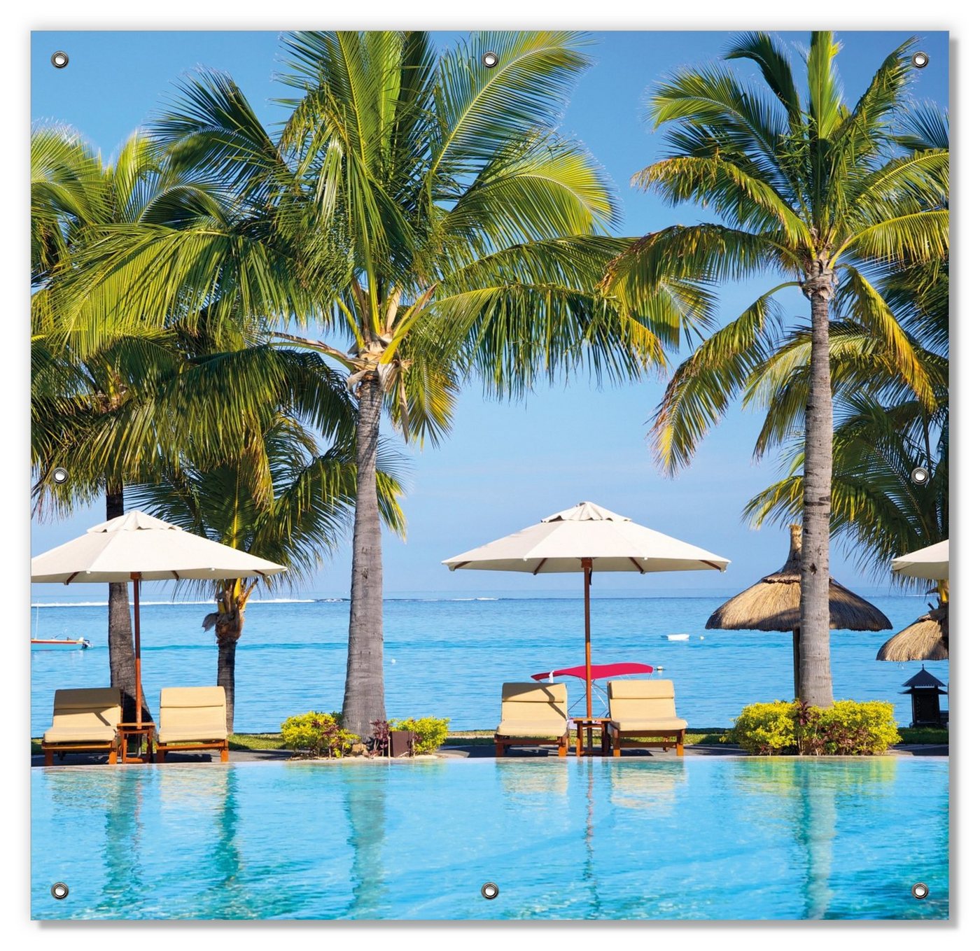 Sonnenschutz Sonnenschirme am Südsee-Palmenstrand mit blauem Meer-Wasser, Wallario, blickdicht, mit Saugnäpfen, wiederablösbar und wiederverwendbar von Wallario