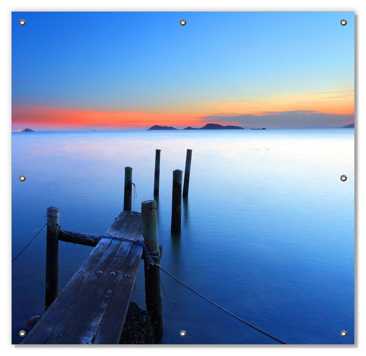 Sonnenschutz Steg im Wasser - Abendstimmung am Meer, Wallario, blickdicht, mit Saugnäpfen, wiederablösbar und wiederverwendbar von Wallario