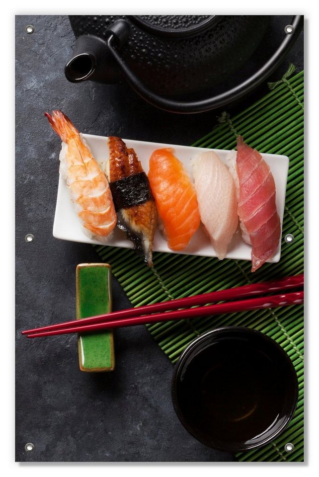 Sonnenschutz Sushimenu auf Schiefer - Nigiri mit grünem Tee, Wallario, blickdicht, mit Saugnäpfen, wiederablösbar und wiederverwendbar von Wallario