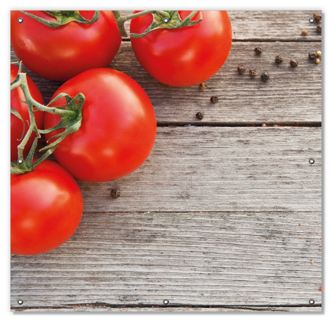 Sonnenschutz Tomaten und Gewürze auf altem Holztisch, Wallario, blickdicht, mit Saugnäpfen, wiederablösbar und wiederverwendbar von Wallario