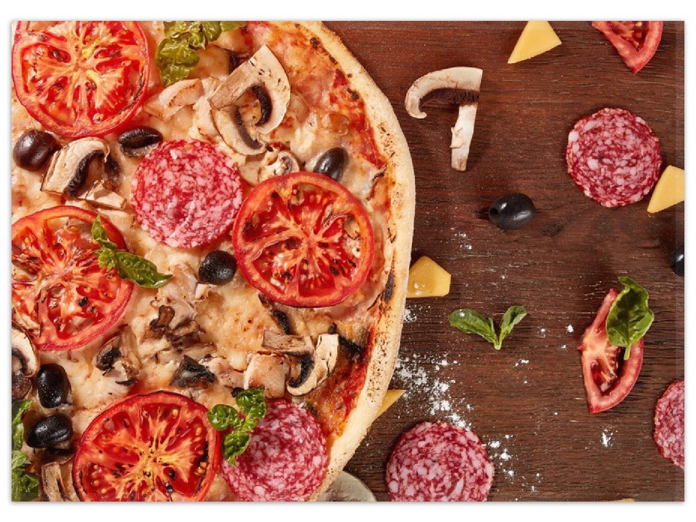 Teppich Pizza mit Tomaten, Salami, Oliven und Pilzen, Wallario, rechteckig, rutschfest von Wallario