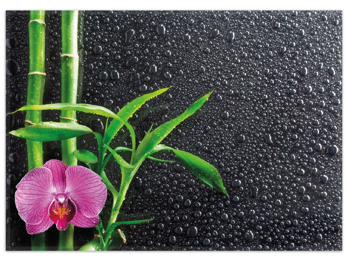 Teppich Bambus und pinke Orchidee auf schwarzem Glas mit Regentropfen, Wallario, rechteckig, rutschfest von Wallario