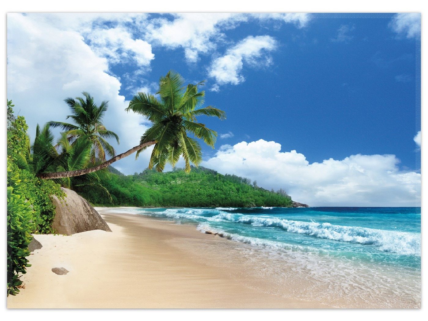 Teppich Urlaub auf den Seychellen unter Palmen am Sandstrand, Wallario, rechteckig, rutschfest von Wallario