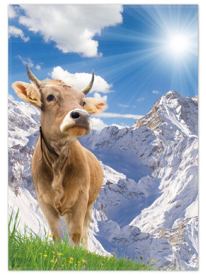 Teppich Kuh im Sonnenschein in den Alpen, Wallario, rechteckig, rutschfest von Wallario