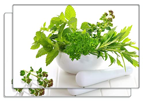 Wallario 2er Set Frühstücksbrettchen aus Glas, Glasunterlage, Glasbrettchen Welt der Kräuter - Verschiedene Kräuter in einem weißen Mörser, Größe 30 x 20 cm, Sicherheitsglas von Wallario