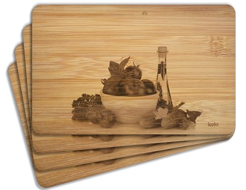 Wallario 4er Set Frühstücksbrettchen aus Holz, Holzunterlage, Holzbrettchen Frische Salatzutaten mit Kräuter-Öl - Tomaten, Gurke, Petersilie, Größe 22 x 14 cm von Wallario