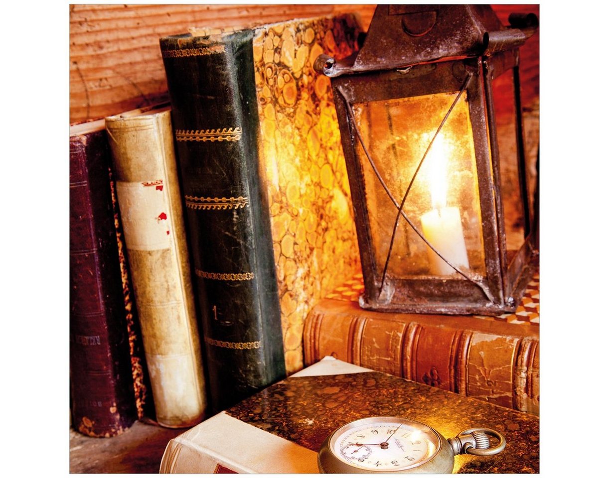 Wallario Acrylglasbild, Antike Laterne mit Kerze alten Büchern und Taschenuhr, in verschiedenen Ausführungen von Wallario