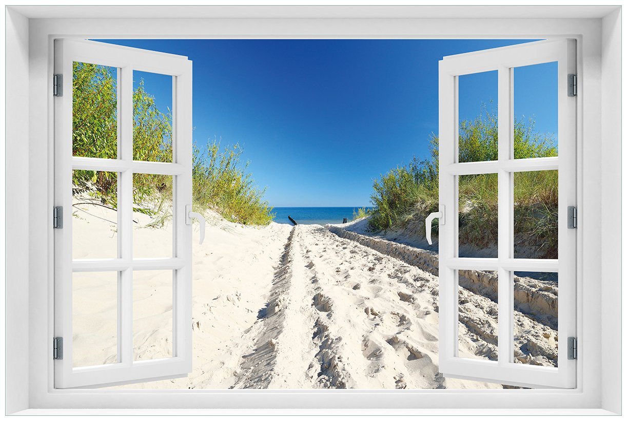 Wallario Acrylglasbild, Auf dem Sandweg zum Strand - Blauer Himmel über dem Meer, in verschiedenen Ausführungen von Wallario