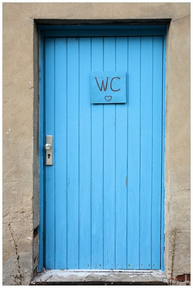 Wallario Acrylglasbild, Blaue Tür einer Toilette in einer verlassenen Fabrik in Magdeburg, in verschiedenen Ausführungen von Wallario