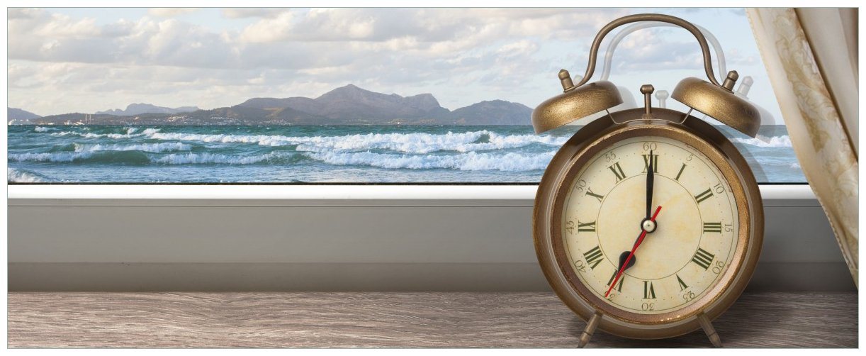 Wallario Acrylglasbild, Guten Morgen sagt das Meer - Wecker und Vorhang am Fenster, in verschiedenen Ausführungen von Wallario