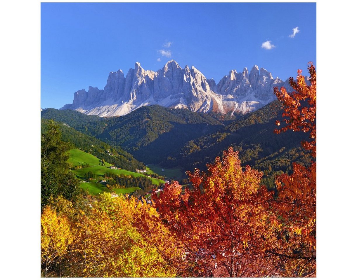 Wallario Acrylglasbild, Herbst im Gebirgstal unter blauem Himmel, in verschiedenen Ausführungen von Wallario
