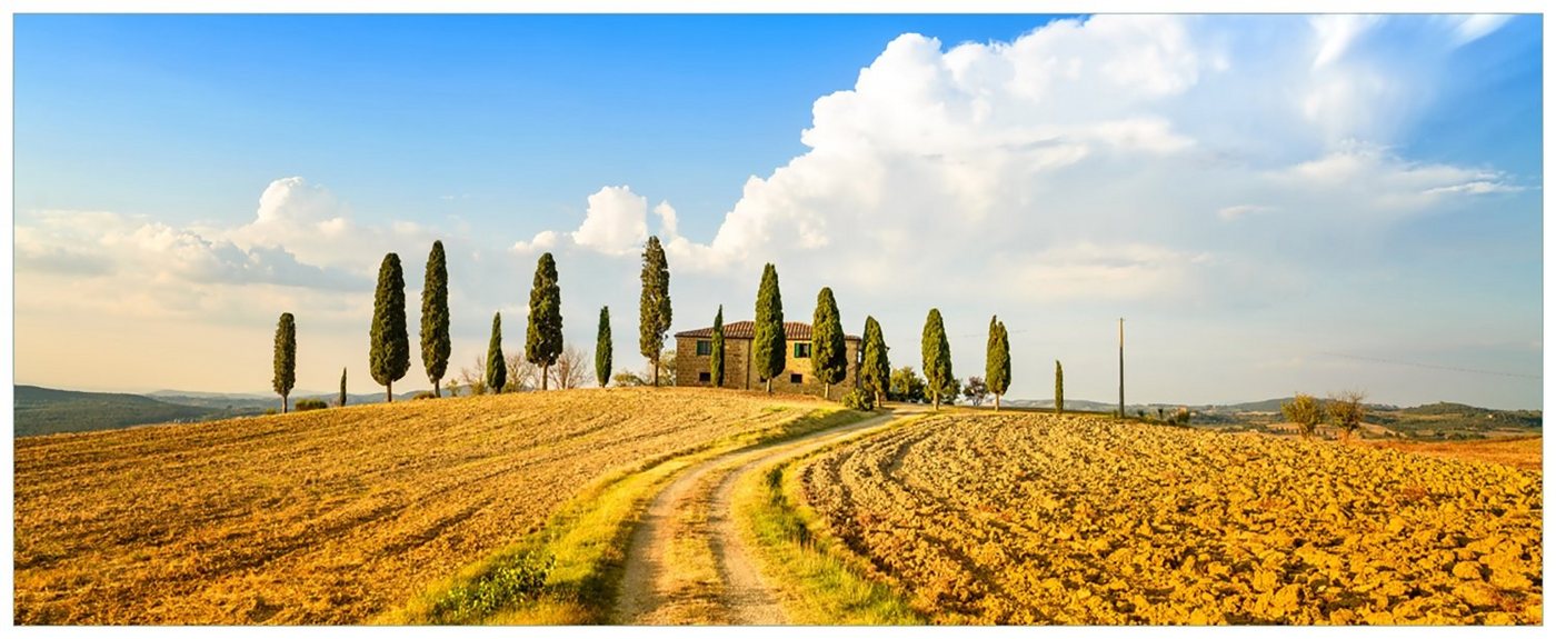 Wallario Acrylglasbild, Italien - Toskana unter blauem Himmel einsame Farm, in verschiedenen Ausführungen von Wallario