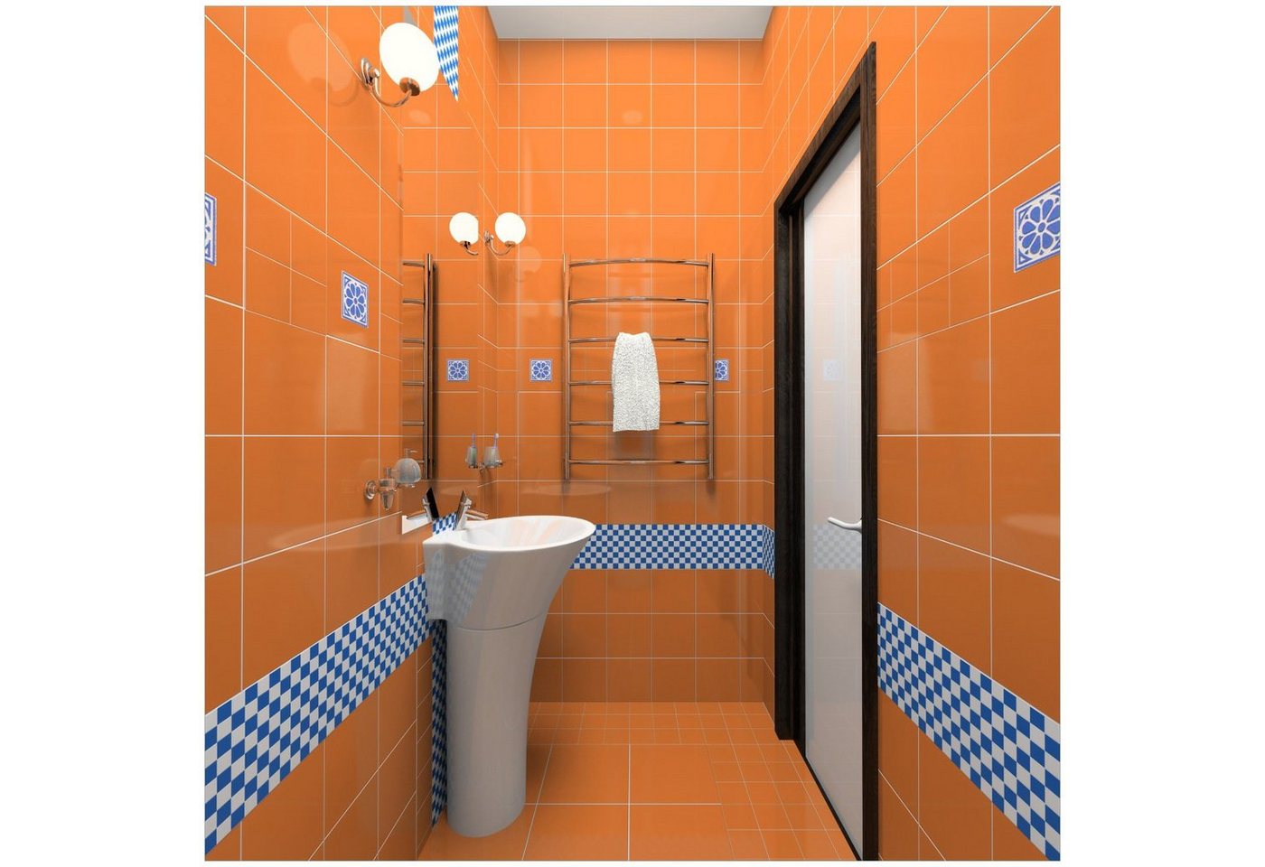 Wallario Acrylglasbild, Modernes Badezimmer in orange mit blauen Fliesen, in verschiedenen Ausführungen von Wallario