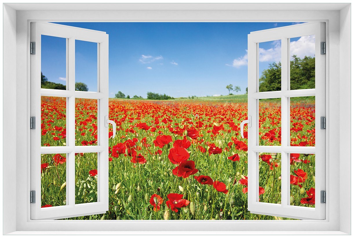 Wallario Acrylglasbild, Mohnblumenfeld- rote Blumen unter blauem Himmel, in verschiedenen Ausführungen von Wallario