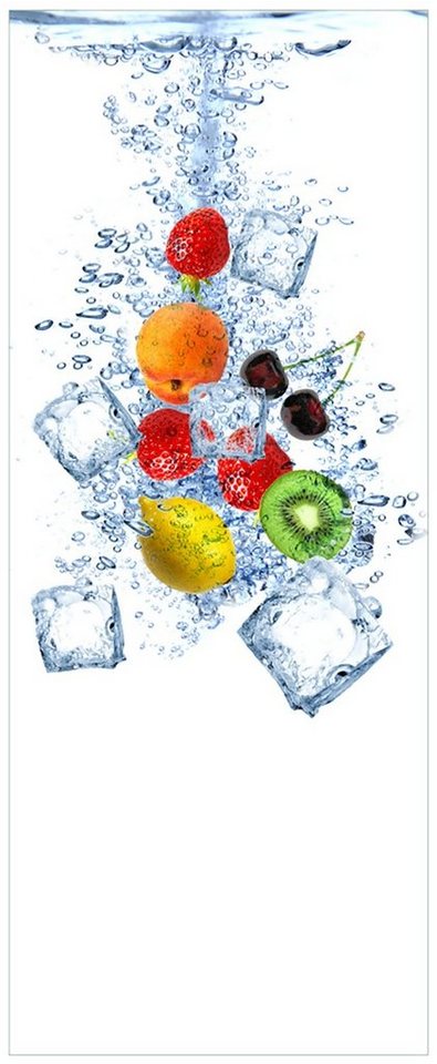 Wallario Acrylglasbild, Obst-Eiswürfel-Mix im Wasser mit weißem Hintergrund, in verschiedenen Ausführungen von Wallario