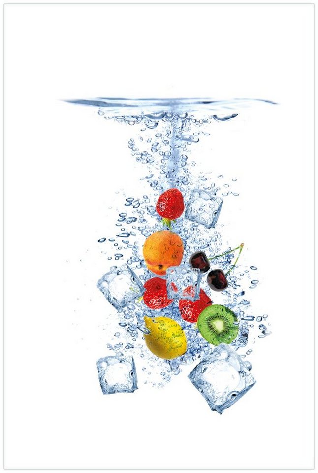 Wallario Acrylglasbild, Obst-Eiswürfel-Mix im Wasser mit weißem Hintergrund, in verschiedenen Ausführungen von Wallario