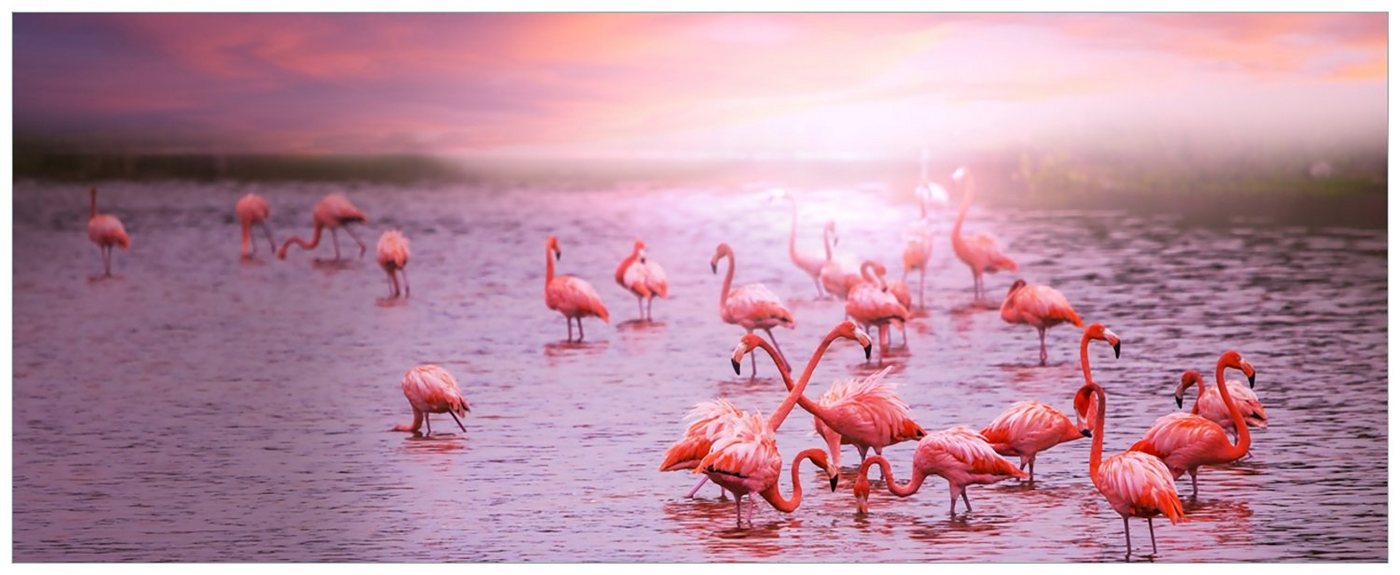 Wallario Acrylglasbild, Rosa Flamingos bei Sonnenuntergang, in verschiedenen Ausführungen von Wallario