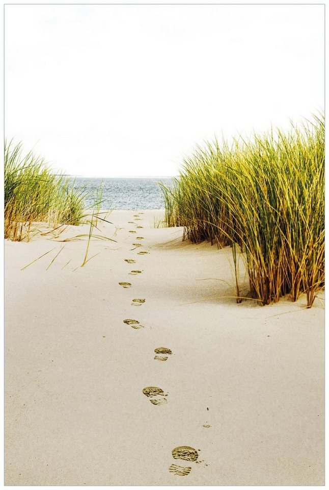 Wallario Acrylglasbild, Spuren im Sand- Fußspuren durch die Düne zum Meer, in verschiedenen Ausführungen von Wallario