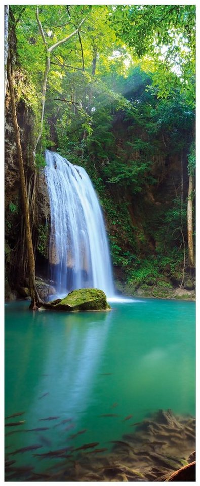 Wallario Acrylglasbild, Wasserfall im Wald am See Idylle in Thailand, in verschiedenen Ausführungen von Wallario