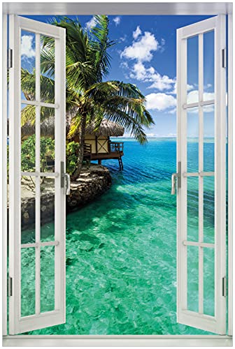 Wallario Wandbild aus Acryl, 60 x 90 cm mit Fensterrahmen, freischwebende Optik - Karibisches Meer – Einsame Hütte unter Palmen mit Fenster-Illusion von Wallario