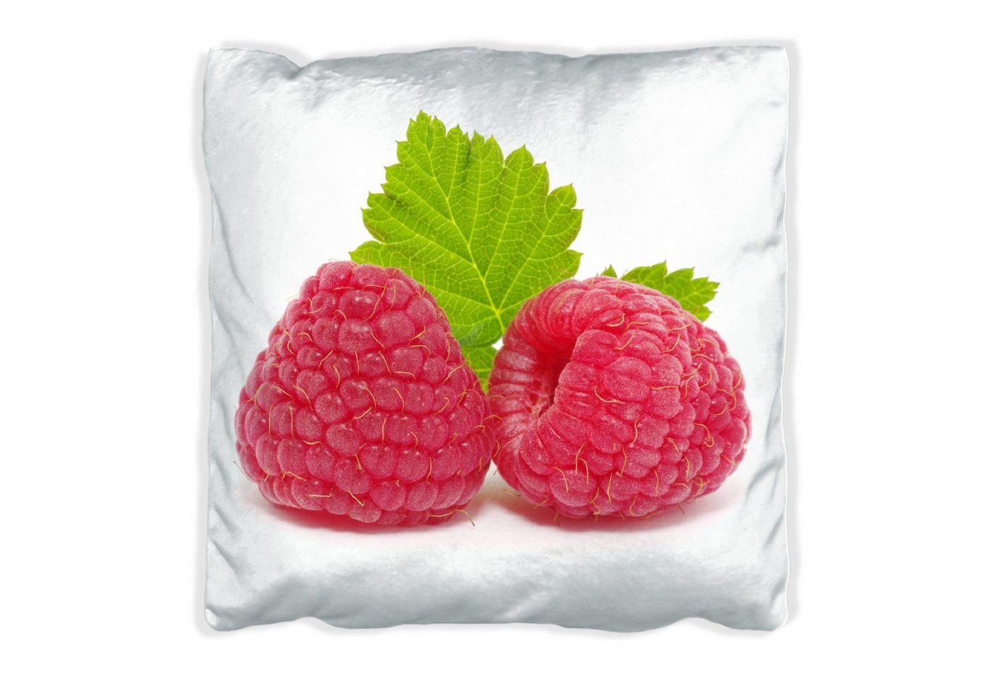 Wallario Dekokissen Himbeeren mit grünem Blatt auf weißem Grund, handgenäht von Wallario