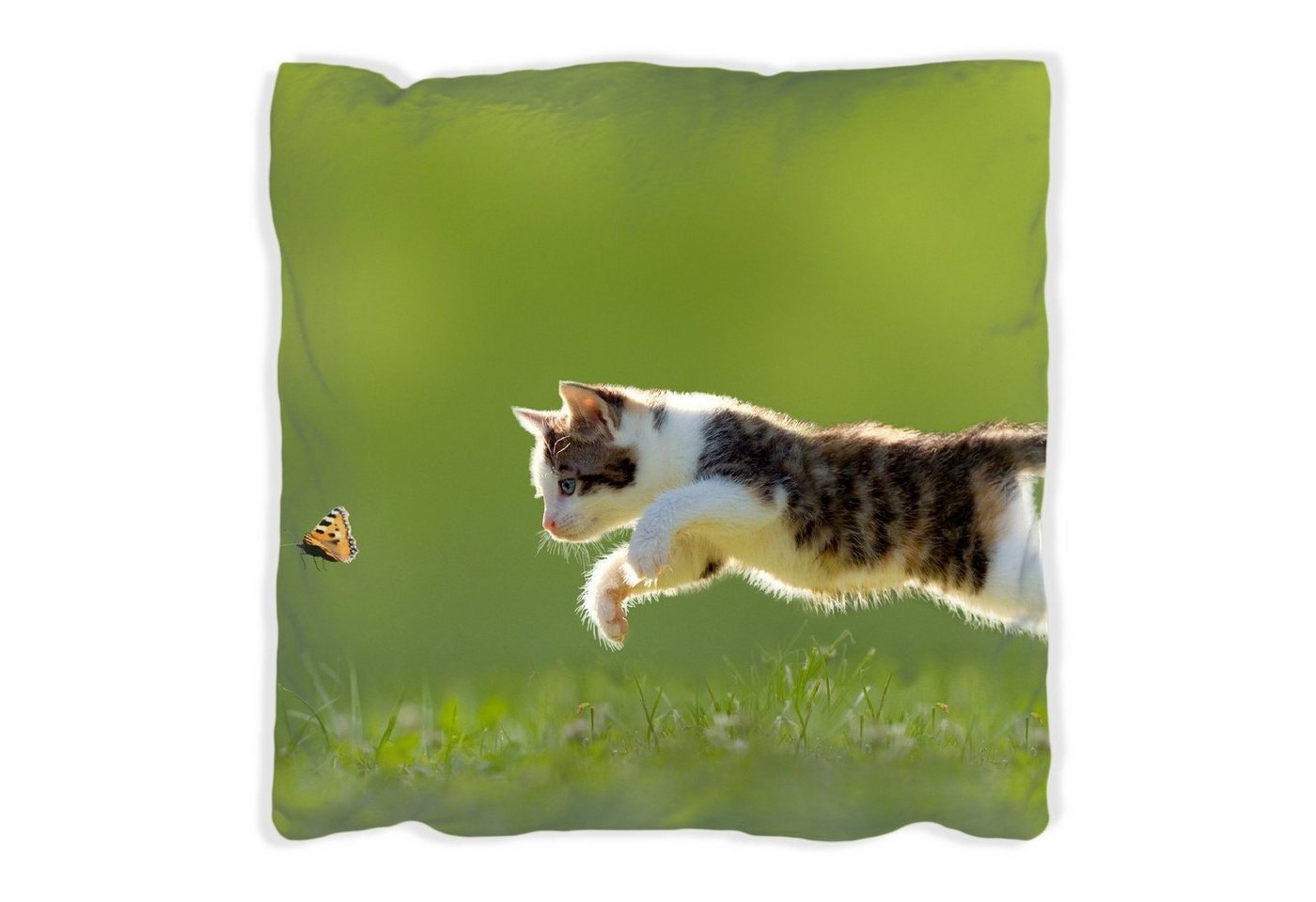 Wallario Dekokissen Süße Katze fängt Schmetterling im Grünen, handgenäht von Wallario