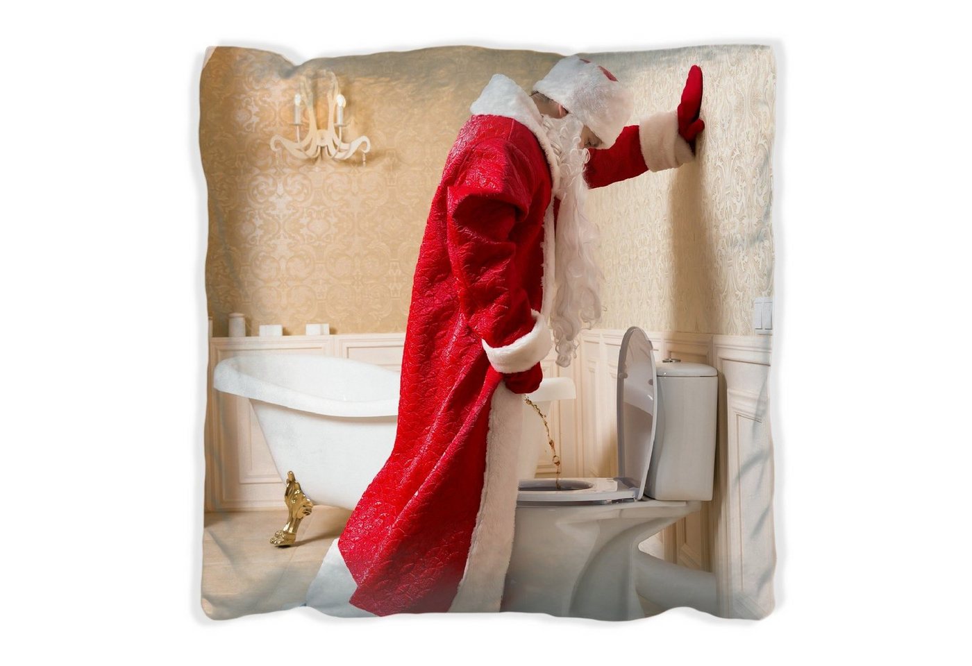 Wallario Dekokissen Weihnachtsmann macht Pause und pinkelt auf edler Toilette, handgenäht von Wallario