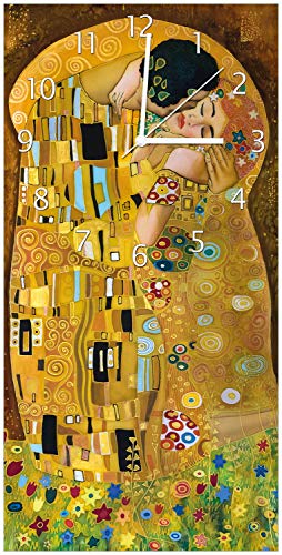 Wallario Design-Wanduhr, Acrylglasuhr Größe 30 x 60 cm, weiße Zeiger, Motiv Der Kuss von Klimt von Wallario