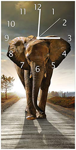 Wallario Design-Wanduhr, Acrylglasuhr Größe 30 x 60 cm, weiße Zeiger, Motiv Elefant bei Sonnenaufgang in Afrika von Wallario