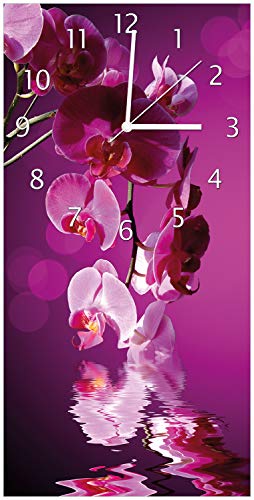 Wallario Design-Wanduhr, Acrylglasuhr Größe 30 x 60 cm, weiße Zeiger, Motiv Rosafarbene Orchidee Blüten in pink von Wallario