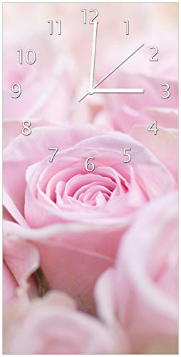 Wallario Design-Wanduhr, Acrylglasuhr Größe 30 x 60 cm, weiße Zeiger, Motiv Rosafarbene Rosenblüten im Strauß von Wallario