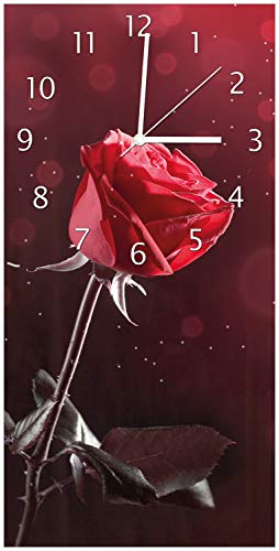 Wallario Design-Wanduhr, Acrylglasuhr Größe 30 x 60 cm, weiße Zeiger, Motiv Rote Rose Single von Wallario