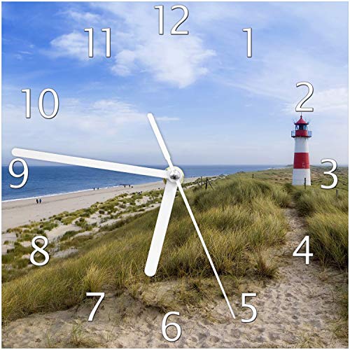 Wallario Design-Wanduhr Am Strand von Sylt Leuchtturm auf der Düne Panorama aus Glas, Motiv-Uhr Größe 20 x 20 cm, weiße Zeiger von Wallario