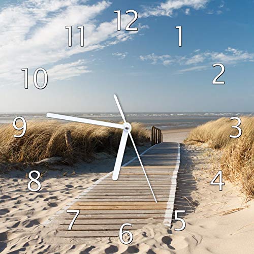 Wallario Design-Wanduhr Auf dem Holzweg zum Strand aus Glas, Motiv-Uhr Größe 30 x 30 cm, weiße Zeiger von Wallario