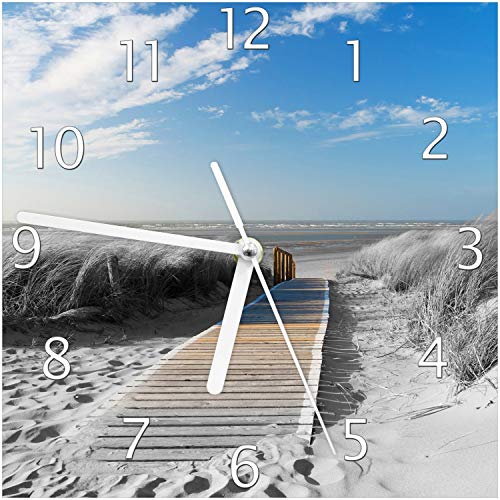 Wallario Design-Wanduhr Auf dem Holzweg zum Strand in schwarz-weiß Optik aus Glas, Motiv-Uhr Größe 20 x 20 cm, weiße Zeiger von Wallario