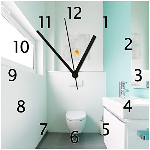 Wallario Design-Wanduhr Badezimmer Gästetoilette Innenansicht - WC und Waschbecken aus Glas, Motiv-Uhr Größe 30 x 30 cm, Schwarze Zeiger von Wallario