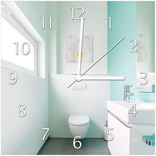 Wallario Design-Wanduhr Badezimmer Gästetoilette Innenansicht - WC und Waschbecken aus Glas, Motiv-Uhr Größe 30 x 30 cm, weiße Zeiger von Wallario