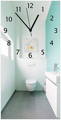 Wallario Design-Wanduhr Badezimmer Gästetoilette Innenansicht - WC und Waschbecken aus Glas, Motiv-Uhr Größe 30 x 60 cm, Schwarze Zeiger von Wallario