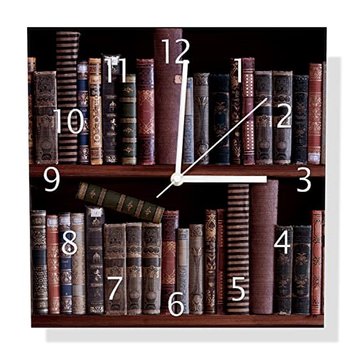 Wallario Design Wanduhr Bücherregal mit Alten Büchern aus Aluverbund, Alu-Uhr Größe 30 x 30 cm, weiße Zeiger mit Metalloptik von Wallario