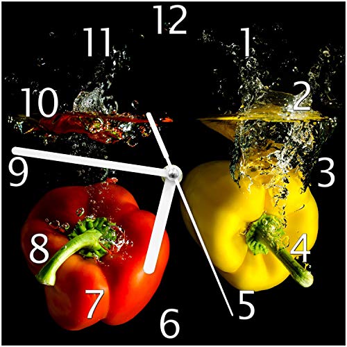 Wallario Design-Wanduhr Bunte Küche Paprika in rot gelb orange und grün im Wasser aus Glas, Motiv-Uhr Größe 20 x 20 cm, weiße Zeiger von Wallario