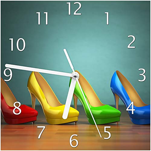 Wallario Design-Wanduhr Bunte Schuhe - High Heels für Frauen aus Glas, Motiv-Uhr Größe 20 x 20 cm, weiße Zeiger von Wallario
