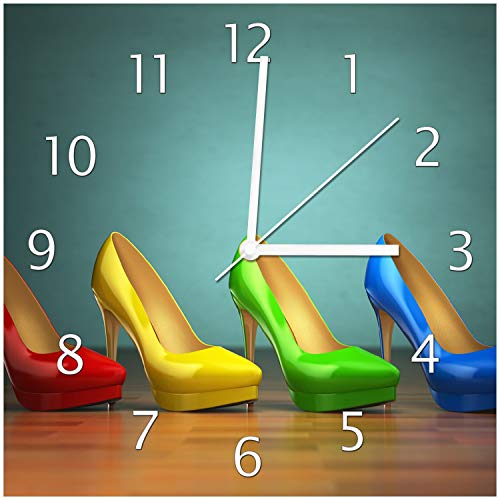 Wallario Design-Wanduhr Bunte Schuhe - High Heels für Frauen aus Glas, Motiv-Uhr Größe 30 x 30 cm, weiße Zeiger von Wallario