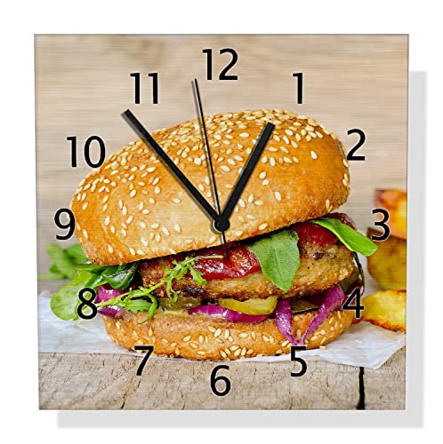 Wallario Design Wanduhr Burger mit frischem Salat und Pommes aus Aluverbund, Alu-Uhr Größe 30 x 30 cm, Schwarze Zeiger mit Metalloptik von Wallario