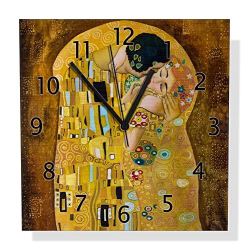 Wallario Design Wanduhr Der Kuss von Klimt aus Aluverbund, Alu-Uhr Größe 30 x 30 cm, Schwarze Zeiger mit Metalloptik von Wallario