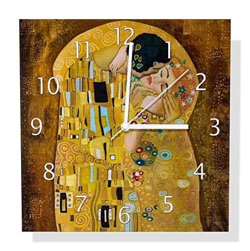 Wallario Design Wanduhr Der Kuss von Klimt aus Aluverbund, Alu-Uhr Größe 30 x 30 cm, weiße Zeiger mit Metalloptik von Wallario